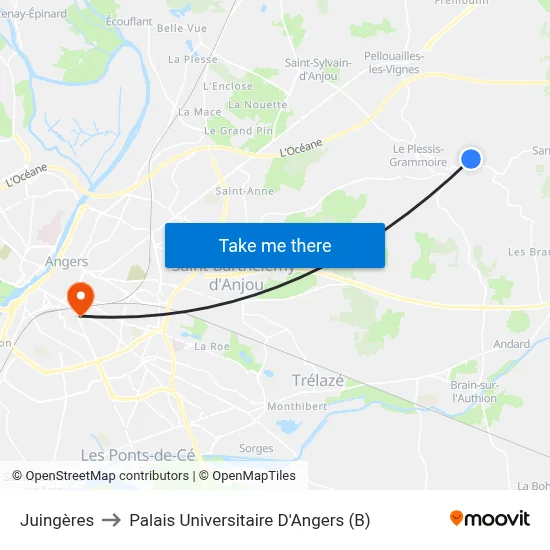Juingères to Palais Universitaire D'Angers (B) map