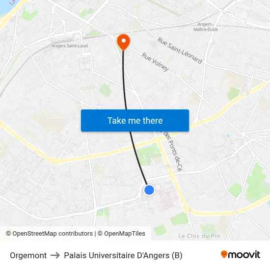 Orgemont to Palais Universitaire D'Angers (B) map