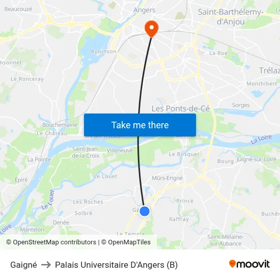 Gaigné to Palais Universitaire D'Angers (B) map