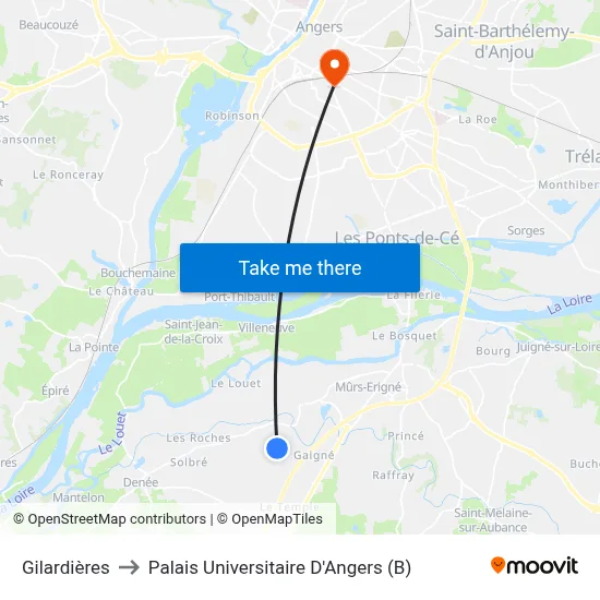 Gilardières to Palais Universitaire D'Angers (B) map