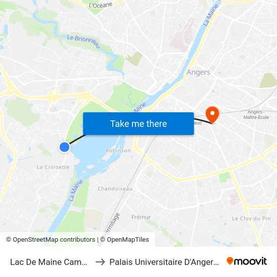 Lac De Maine Camping to Palais Universitaire D'Angers (B) map