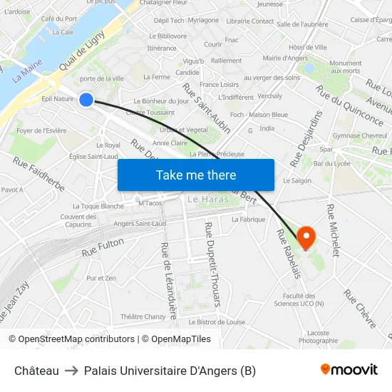 Château to Palais Universitaire D'Angers (B) map