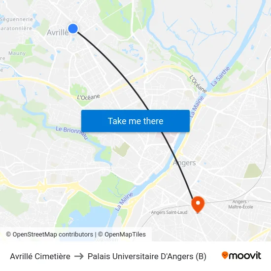 Avrillé Cimetière to Palais Universitaire D'Angers (B) map