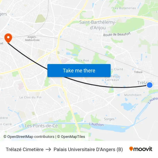 Trélazé Cimetière to Palais Universitaire D'Angers (B) map