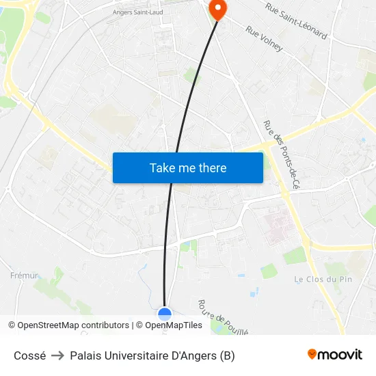 Cossé to Palais Universitaire D'Angers (B) map
