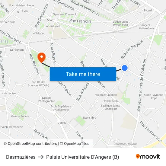 Desmazières to Palais Universitaire D'Angers (B) map