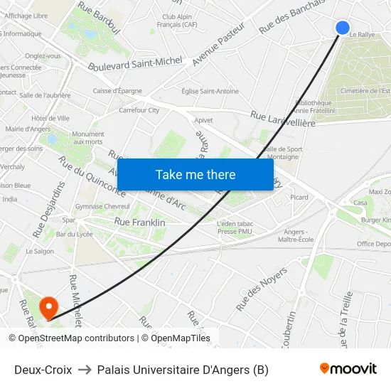 Deux-Croix to Palais Universitaire D'Angers (B) map