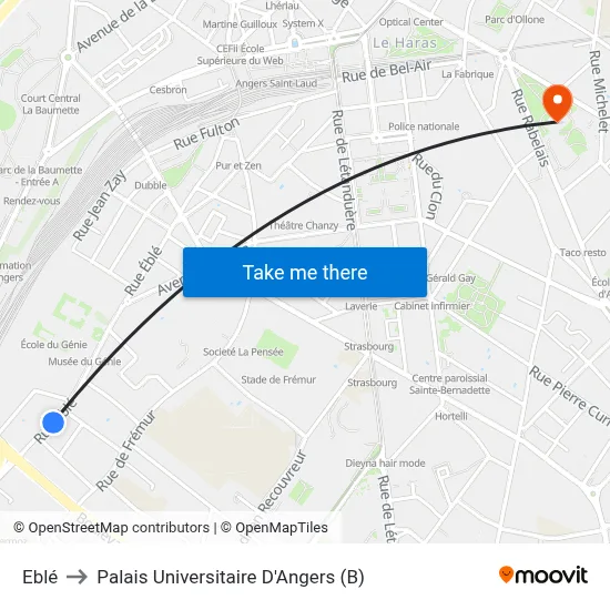 Eblé to Palais Universitaire D'Angers (B) map