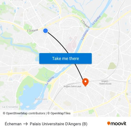 Écheman to Palais Universitaire D'Angers (B) map