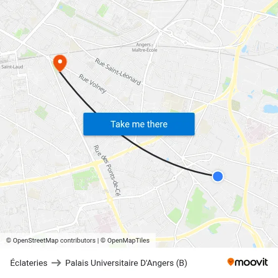Éclateries to Palais Universitaire D'Angers (B) map