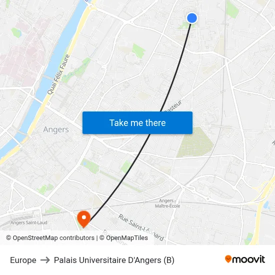 Europe to Palais Universitaire D'Angers (B) map