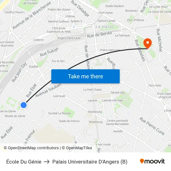 École Du Génie to Palais Universitaire D'Angers (B) map
