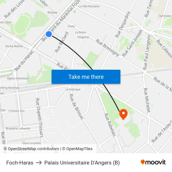 Foch-Haras to Palais Universitaire D'Angers (B) map