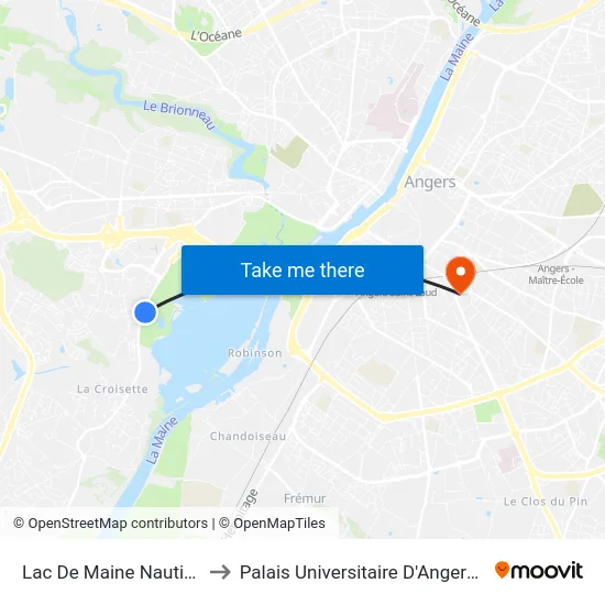 Lac De Maine Nautique to Palais Universitaire D'Angers (B) map