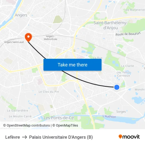 Lefèvre to Palais Universitaire D'Angers (B) map