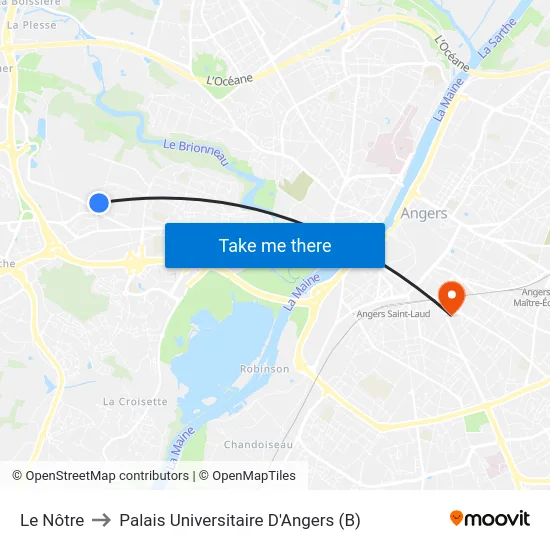 Le Nôtre to Palais Universitaire D'Angers (B) map