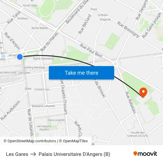 Les Gares to Palais Universitaire D'Angers (B) map