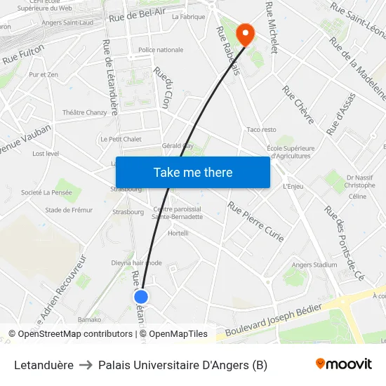 Letanduère to Palais Universitaire D'Angers (B) map
