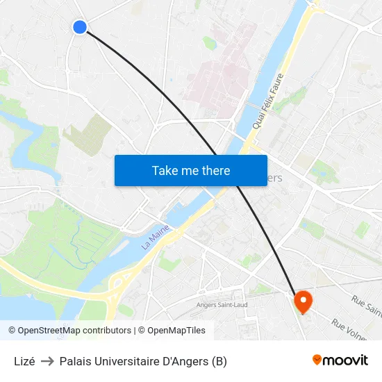 Lizé to Palais Universitaire D'Angers (B) map