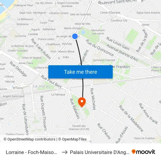 Lorraine - Foch-Maison Bleue to Palais Universitaire D'Angers (B) map