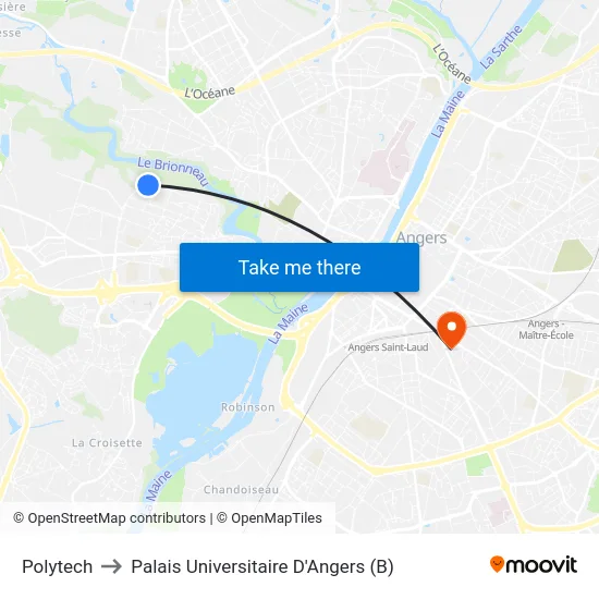 Polytech to Palais Universitaire D'Angers (B) map