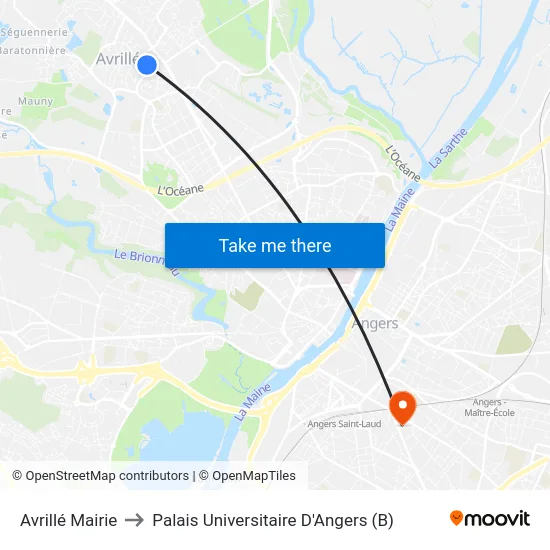 Avrillé Mairie to Palais Universitaire D'Angers (B) map