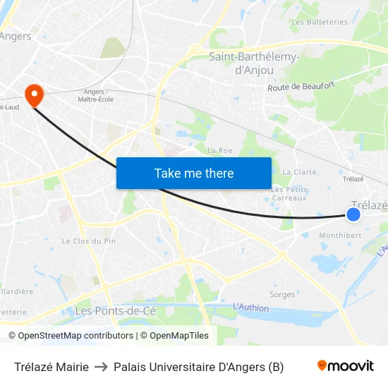 Trélazé Mairie to Palais Universitaire D'Angers (B) map