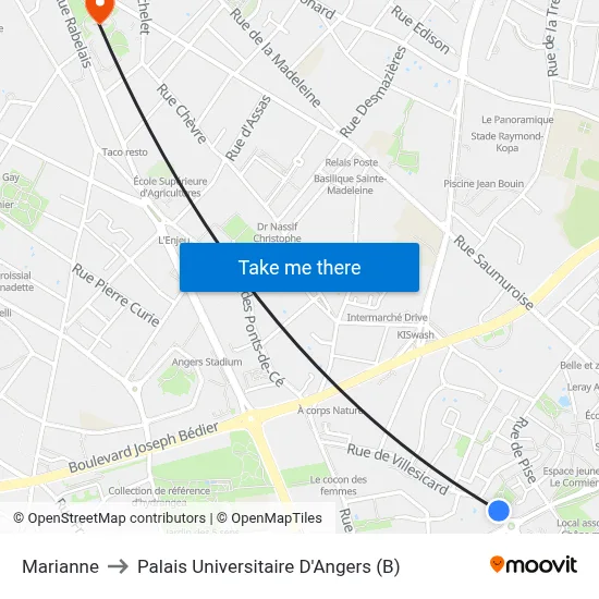 Marianne to Palais Universitaire D'Angers (B) map