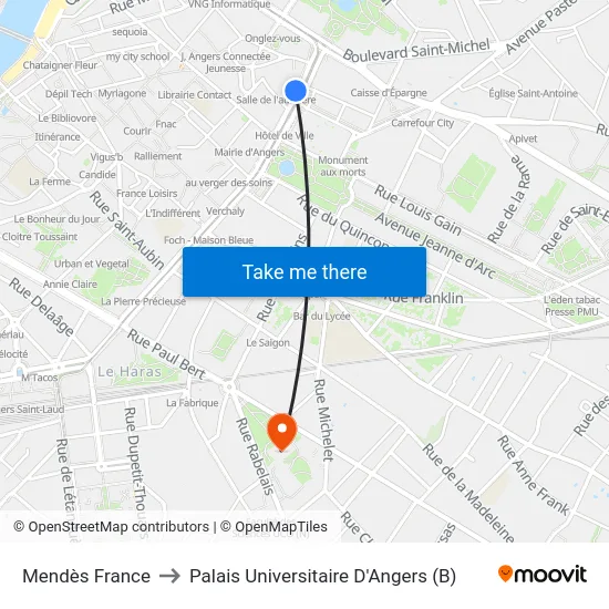 Mendès France to Palais Universitaire D'Angers (B) map