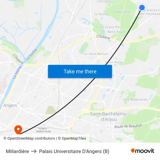 Millardière to Palais Universitaire D'Angers (B) map
