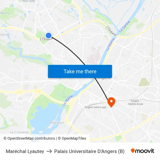 Maréchal Lyautey to Palais Universitaire D'Angers (B) map