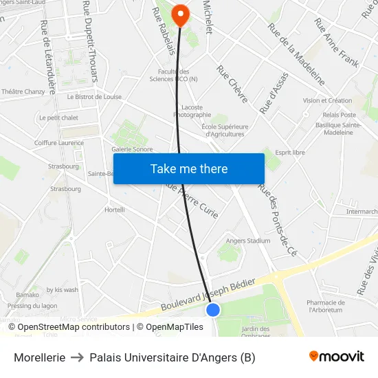 Morellerie to Palais Universitaire D'Angers (B) map