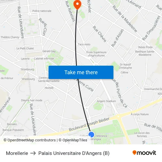 Morellerie to Palais Universitaire D'Angers (B) map
