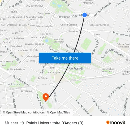 Musset to Palais Universitaire D'Angers (B) map