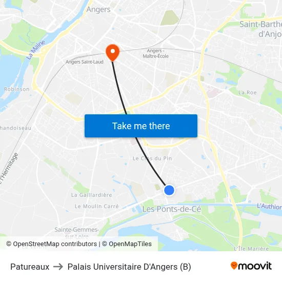 Patureaux to Palais Universitaire D'Angers (B) map