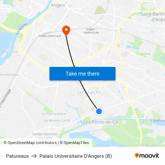 Patureaux to Palais Universitaire D'Angers (B) map
