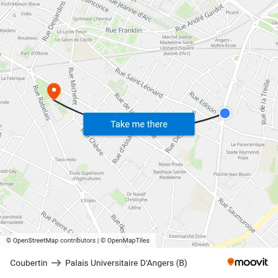 Coubertin to Palais Universitaire D'Angers (B) map