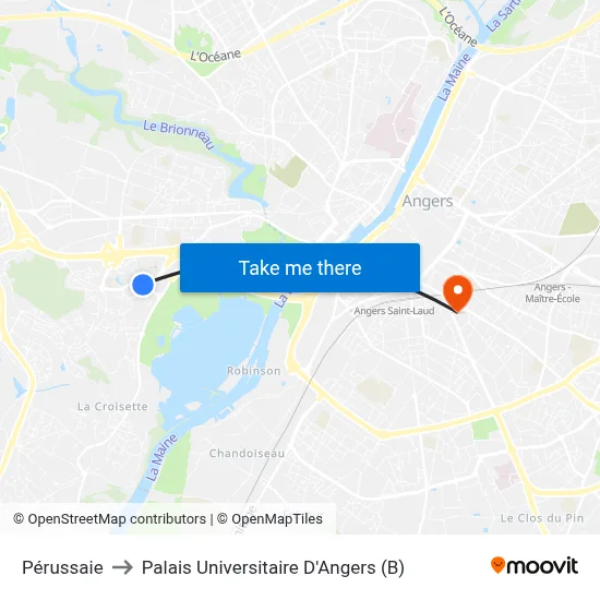 Pérussaie to Palais Universitaire D'Angers (B) map