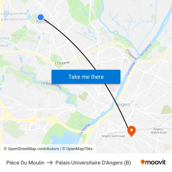 Pièce Du Moulin to Palais Universitaire D'Angers (B) map