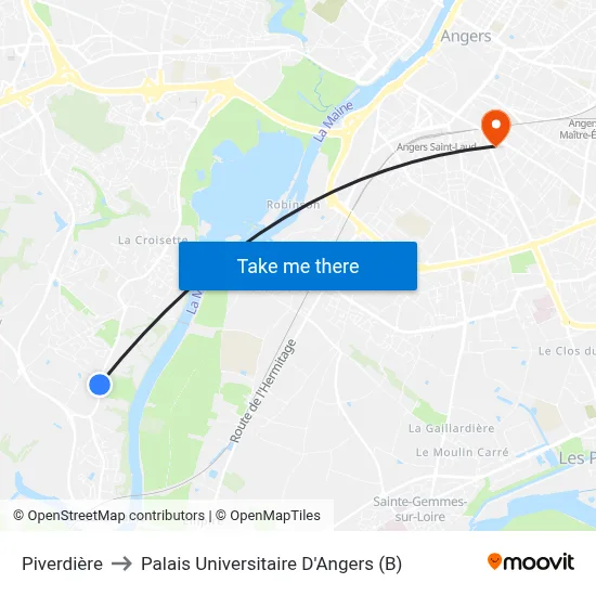 Piverdière to Palais Universitaire D'Angers (B) map