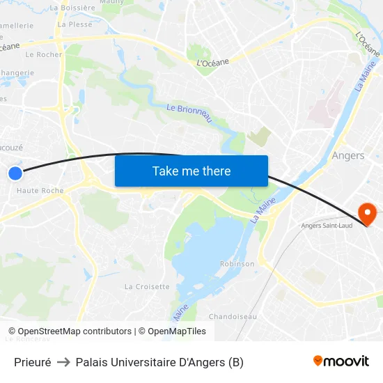 Prieuré to Palais Universitaire D'Angers (B) map