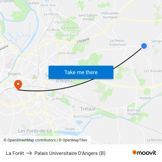 La Forêt to Palais Universitaire D'Angers (B) map
