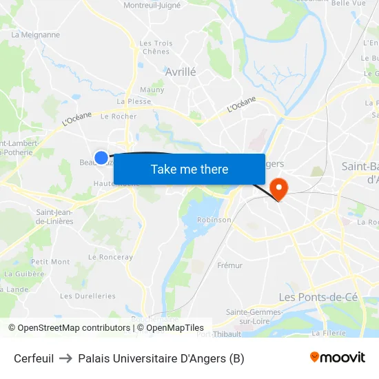 Cerfeuil to Palais Universitaire D'Angers (B) map