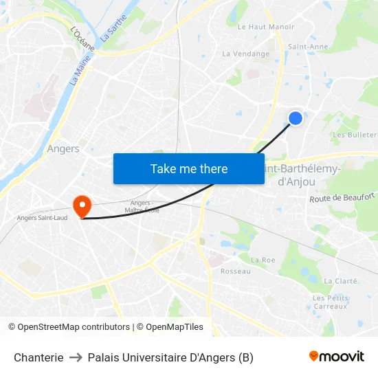 Chanterie to Palais Universitaire D'Angers (B) map
