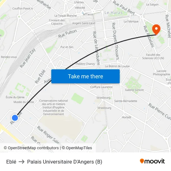 Eblé to Palais Universitaire D'Angers (B) map