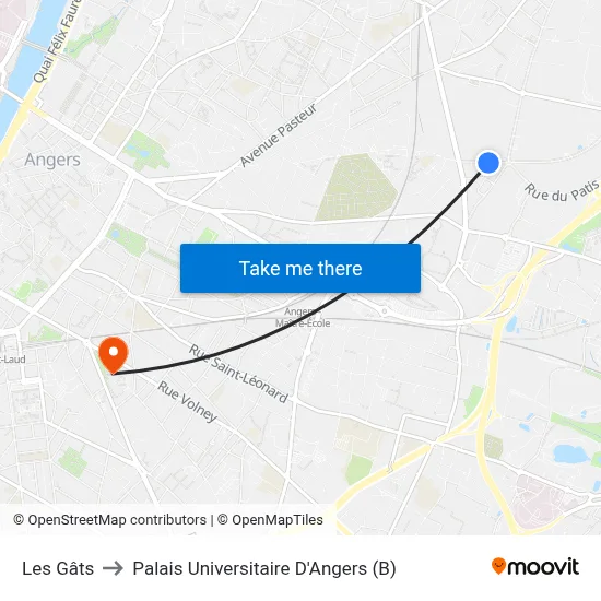 Les Gâts to Palais Universitaire D'Angers (B) map