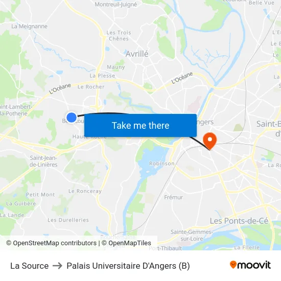 La Source to Palais Universitaire D'Angers (B) map