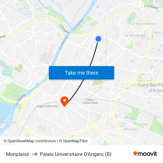 Monplaisir to Palais Universitaire D'Angers (B) map