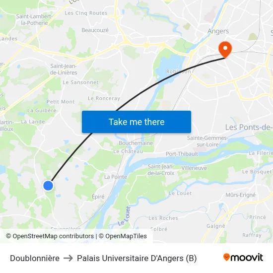 Doublonnière to Palais Universitaire D'Angers (B) map