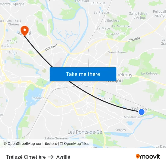 Trélazé Cimetière to Avrillé map